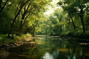 A calm river winding through a forest photo