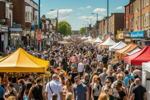 A bustling street festival on a warm day photo