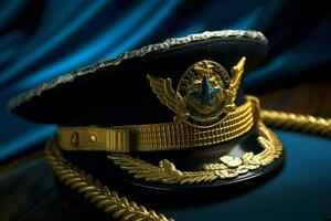 A captains hat with a gold anchor emblem photo