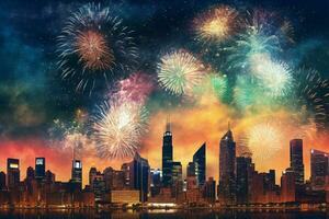 A city skyline with fireworks photo