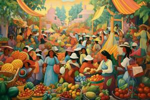 A colorful painting of a summer market photo