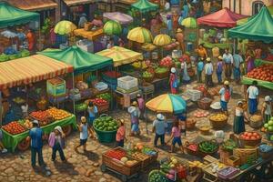 A colorful painting of a summer market photo