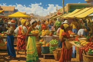 A colorful painting of a summer market photo