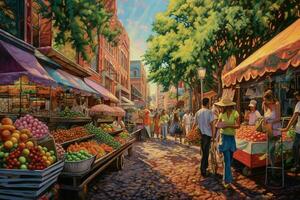 A colorful painting of a summer market photo
