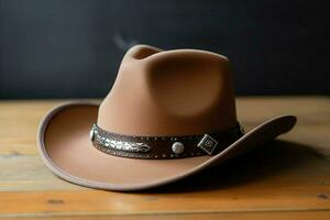 A cowboy hat with a leather band and silver buckle photo