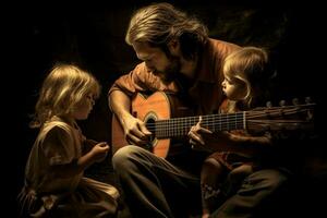 un papá jugando guitarra para su niños foto
