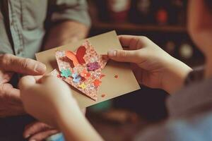 un papá recepción un hecho a mano tarjeta desde su niño foto