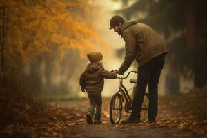 un papá enseñando su niño a paseo un bicicleta foto