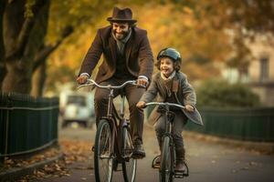 A dad teaching his child to ride a bike photo