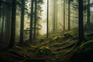 un denso brumoso bosque foto