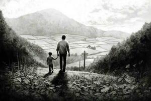 A drawing of a father and child in nature photo