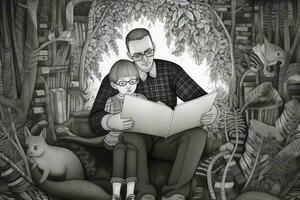 A drawing of a father and child reading together photo