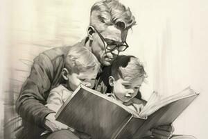 A drawing of a father and child reading together photo