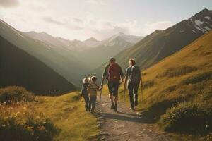 un familia excursionismo viaje en el montañas foto