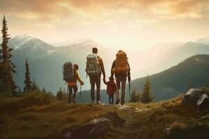 A family hiking trip in the mountains photo