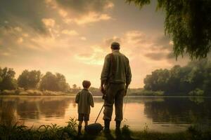 A father and child fishing by the lake photo