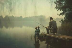 un padre y niño pescar por el lago foto