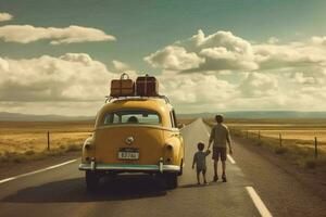 un padre y niño yendo en un la carretera viaje foto