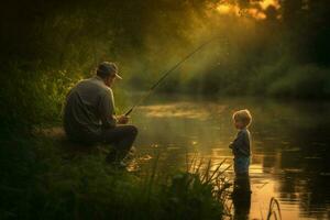 A father and child fishing by the lake photo