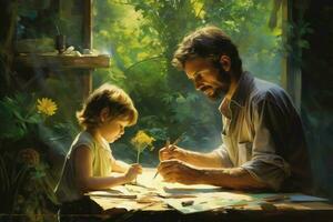 A father and child painting together photo