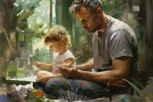 un padre y niño pintura juntos foto