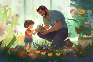 un padre y niño plantando flores en el jardín foto