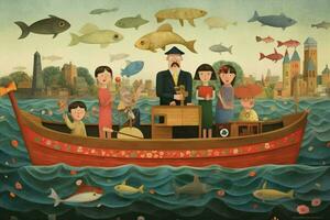 un padre y su familia yendo en un barco paseo foto