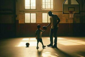 un padre y hijo jugando baloncesto juntos foto