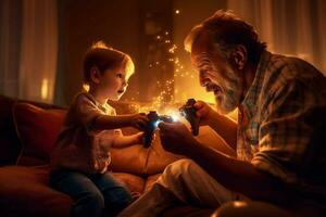 un padre y hijo jugando vídeo juegos juntos foto