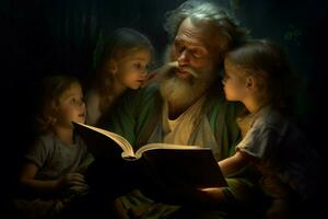 un padre leyendo un hora de acostarse historia a su niños foto