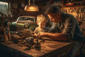 A father and son working on a car together photo