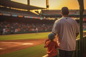 un padre tomando su niño a un béisbol juego foto
