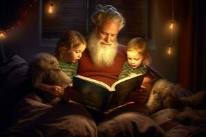 un padre leyendo un hora de acostarse historia a su niños foto