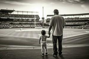 A father taking his child to a baseball game photo