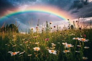 A field of wildflowers with a rainbow in the sky photo