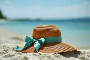 A floppy beach hat with a turquoise ribbon photo