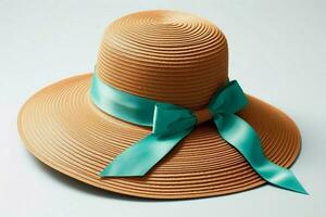 A floppy beach hat with a turquoise ribbon photo