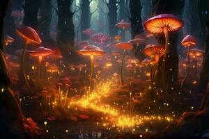 A forest with glowing mushrooms photo