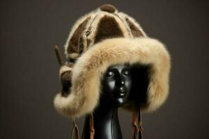 A furry trapper hat with earflaps photo