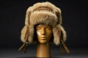 A furry trapper hat with earflaps photo