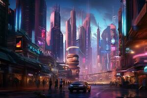 A futuristic city with giant holographic advertisem photo