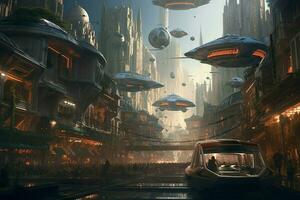 A futuristic cityscape with flying cars photo