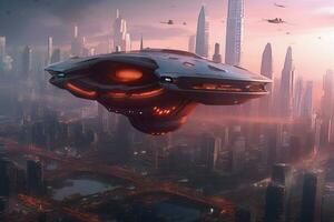 un futurista astronave flotando terminado un ciudad foto