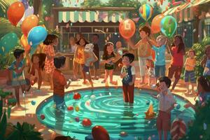 un grupo de niños teniendo un piscina fiesta foto
