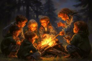 un grupo de niños compartiendo cuentos alrededor un hoguera foto