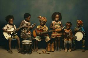 A group of children singing and playing instruments photo