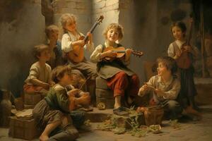 A group of children singing and playing instruments photo