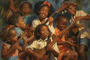 A group of children singing and playing instruments photo