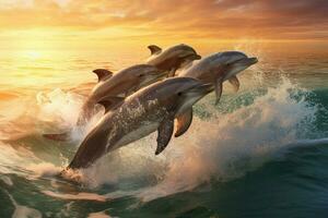 A group of dolphins jumping out of water photo