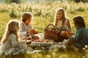 A group of kids enjoying a picnic photo